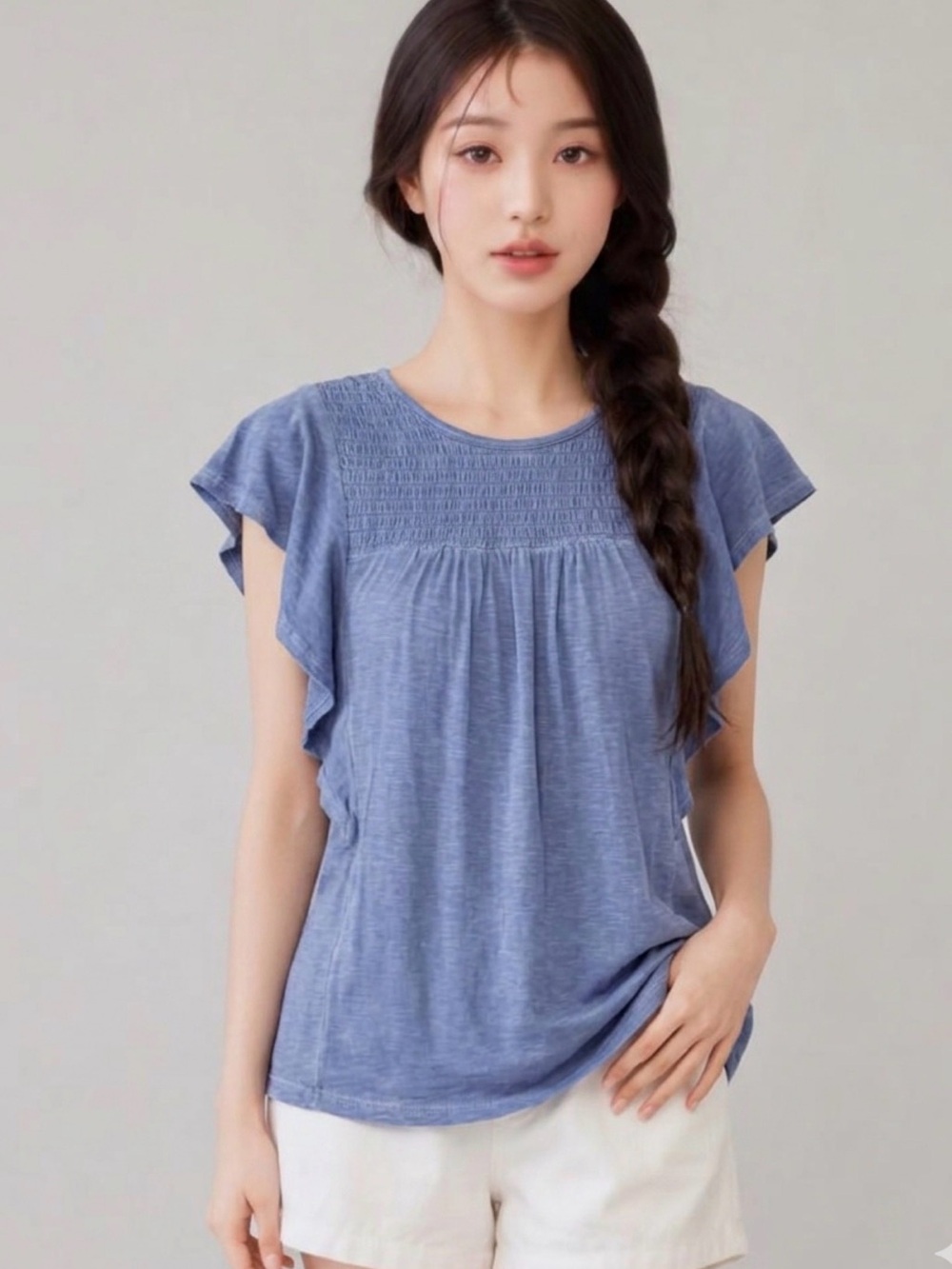 Rewind Blue Smocked Yoke Flutter Sleeve Top